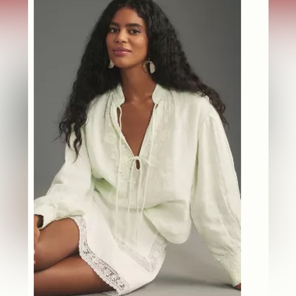 Mint Linen Long-Sleeve Tie-Front Blouse from anthropology